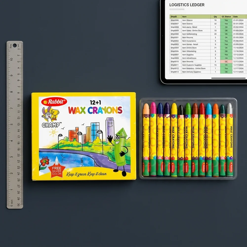 Rabbit Champ 12+1 Assorted Wax Crayons | Wax-Based | 15% Pigment Load | 13 Vibrant Shades | Non-Toxic | MOQ 25000