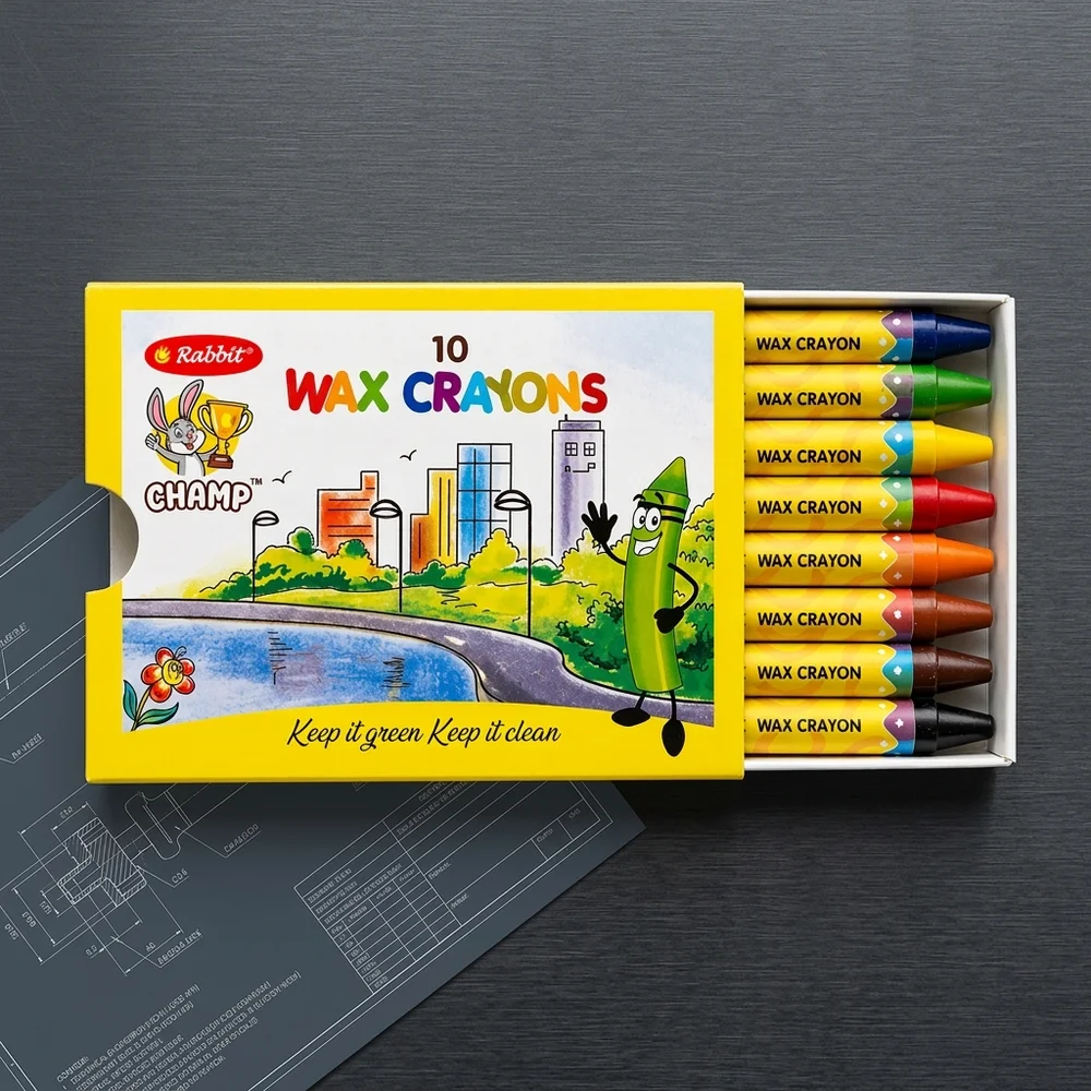 Rabbit Champ 10 Assorted Wax Crayons | Wax-Based | 15% Pigment Load | 10 Vibrant Shades | Non-Toxic | MOQ 25000