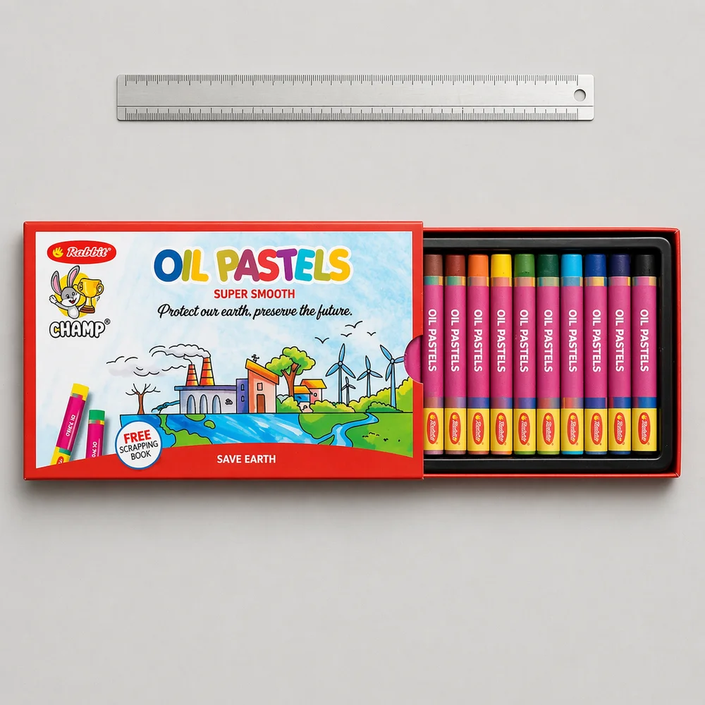 Rabbit Champ 12 Assorted Oil Pastels with Cutter | Wax-Based | 22% Pigment Load | 13 Shades | Excellent Blendability | Non-Toxic | MOQ 25000