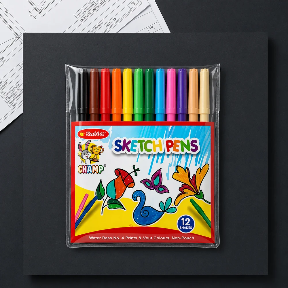 Rabbit Champ 12 Assorted Regular Sketch Pens | Water-Based Ink | 22% Pigment Load | 12 Vibrant Colours | Instant Dry | Non-Toxic | MOQ 25000