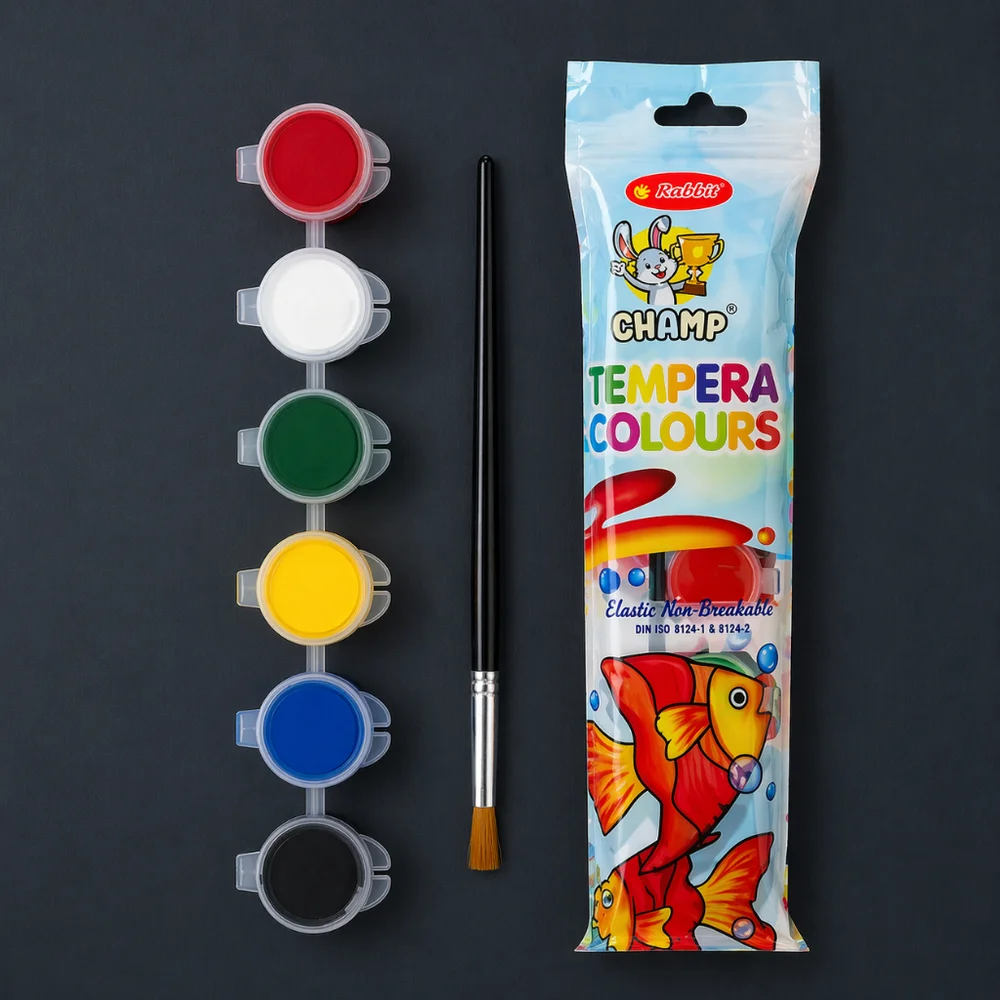 Rabbit Champ 6 Shade Tempera Colour Set with Brush | Water-Based | 18% Pigment Load | 6 Vibrant Shades | High Blendability | Non-Toxic | MOQ 50000