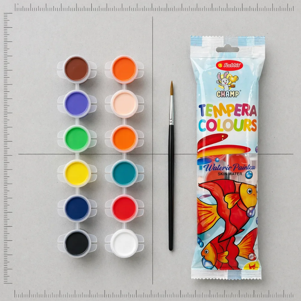 Rabbit Champ 12 Shade Tempera Colour Set with Brush | Water-Based | 18% Pigment Load | 12 Vibrant Shades | High Blendability | Non-Toxic | MOQ 50000