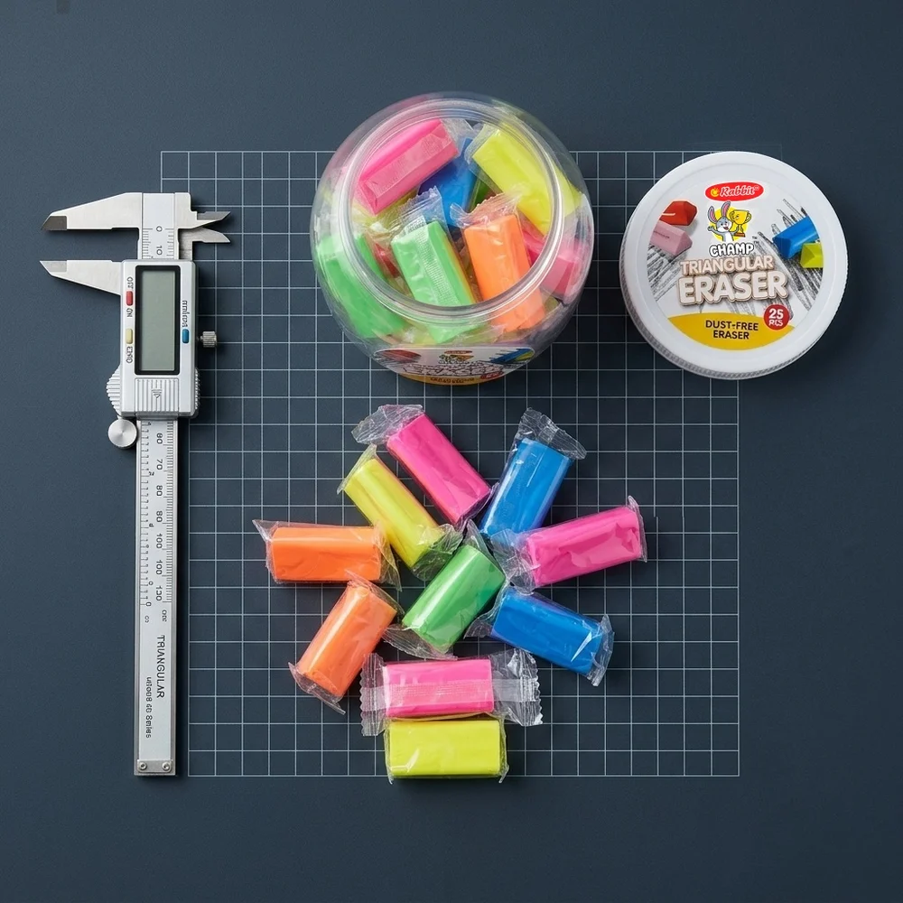 Rabbit Non-Dust Triangular Eraser | Jar Pack 25 Pcs | Assorted Colours | TPR | Easy Grip | MOQ 10000
