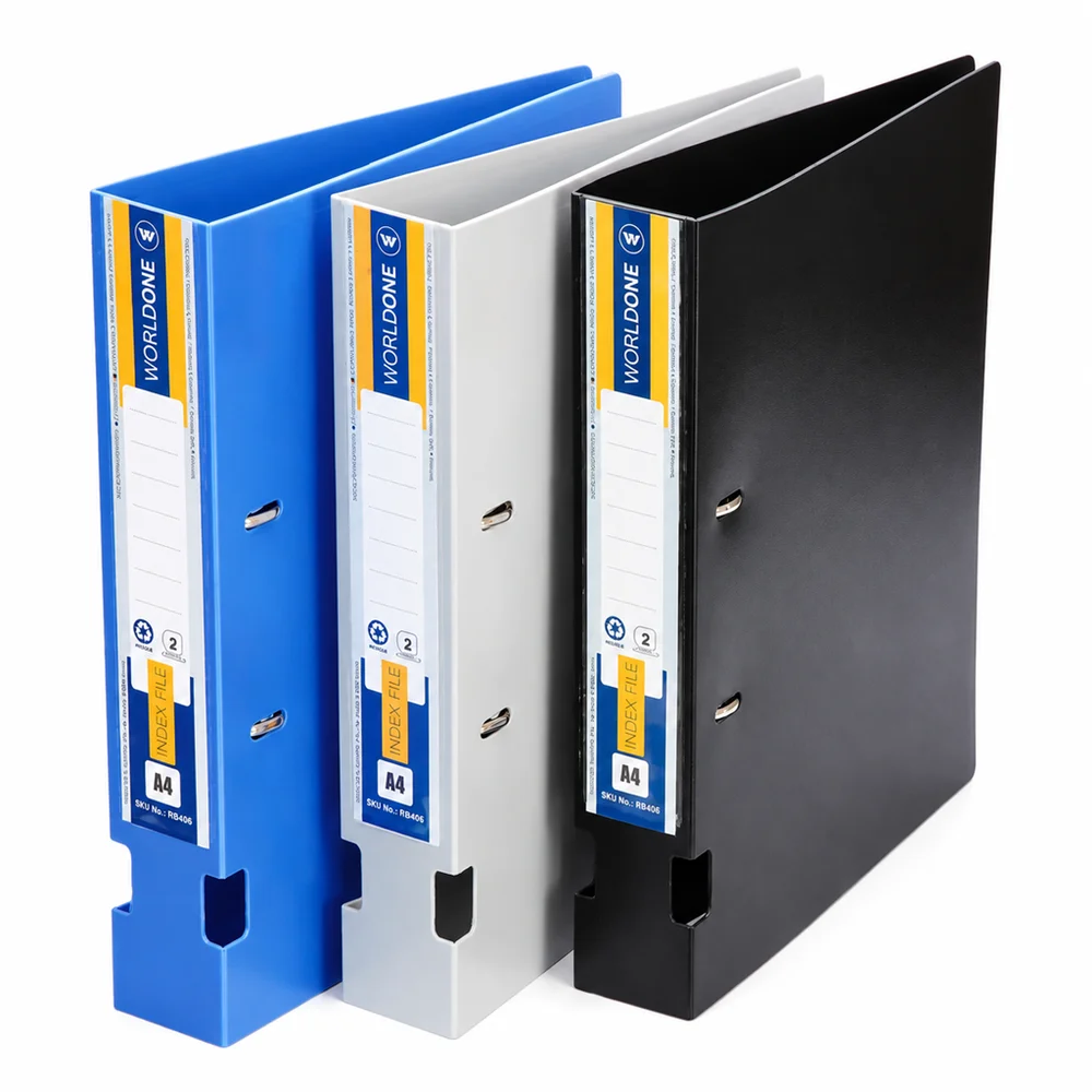 WORLDONE PP Index File A4 2D Ring Heavy Duty | Polypropylene | 175-200 Pages | Metallic Clip | Office School Institutional Filing