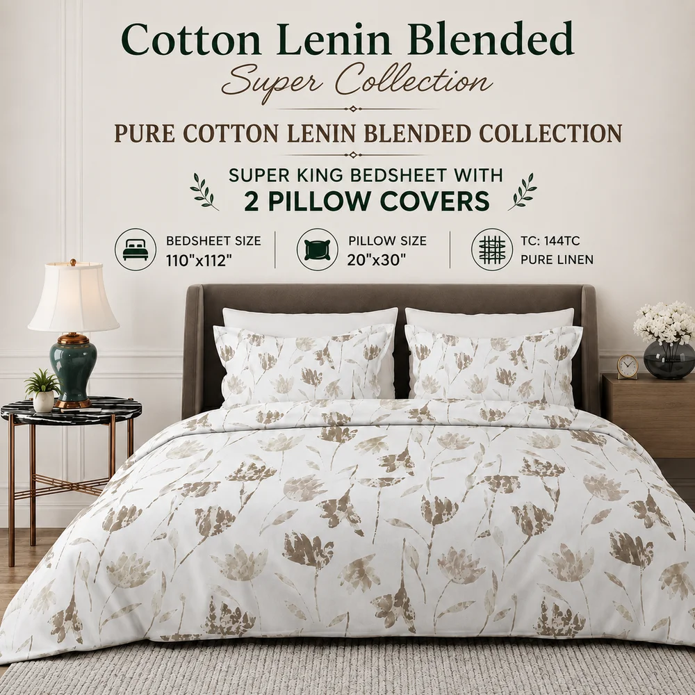 Cotton Lenin Blended Super King Bedsheet Set - 144TC, with 2 Pillow Covers