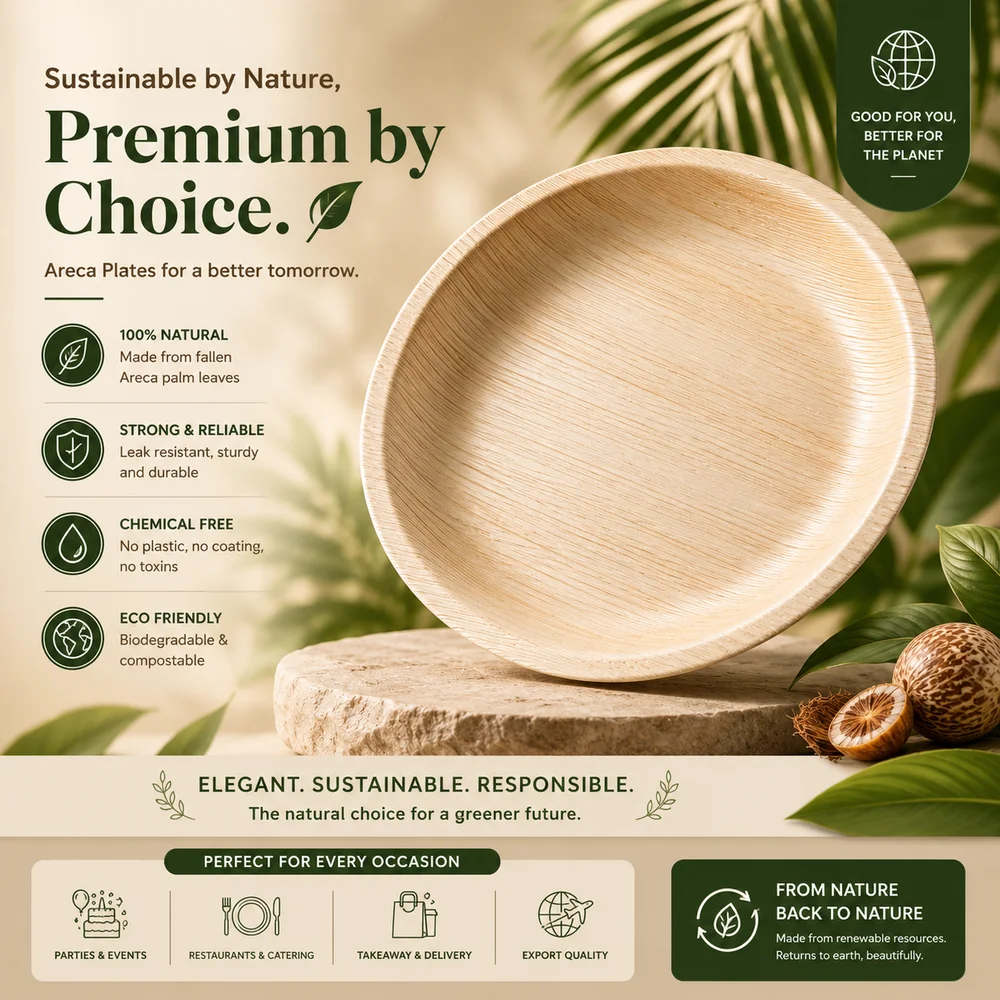 Round Areca Palm Leaf Plate  Shallow Biodegradable Disposable Dinner Plates