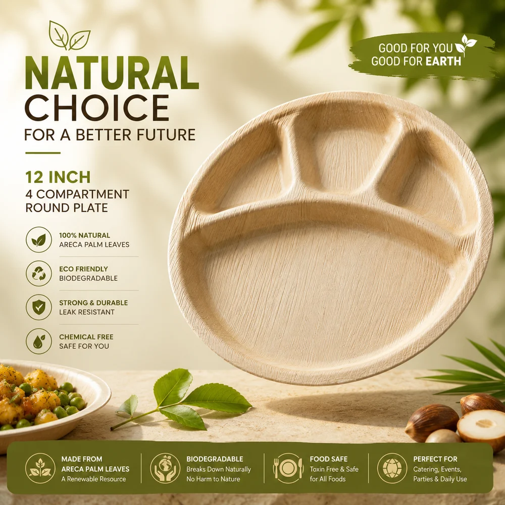 12-Inch Round Areca Palm Leaf 4-Compartment Plate  Biodegradable Buffet Plate