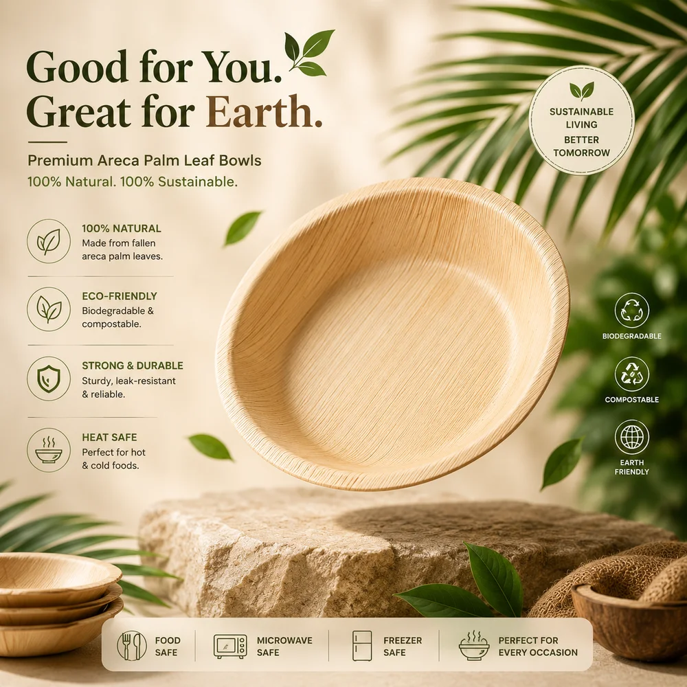 5-Inch Round Areca Palm Leaf Bowl  Deep Biodegradable Disposable Soup Bowl