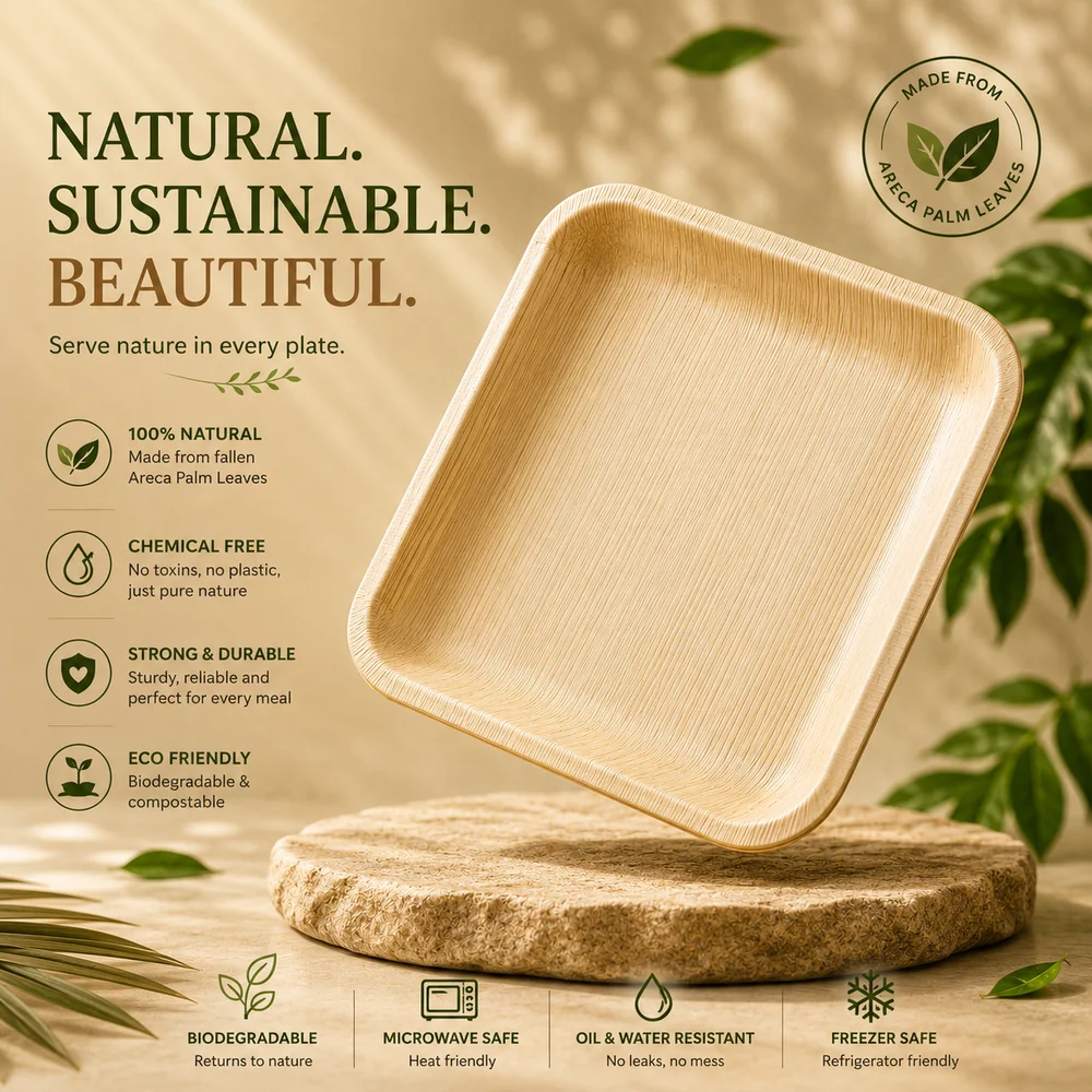 Square Areca Palm Leaf Deep Plate  Biodegradable Disposable Plates for Catering & Hospitality