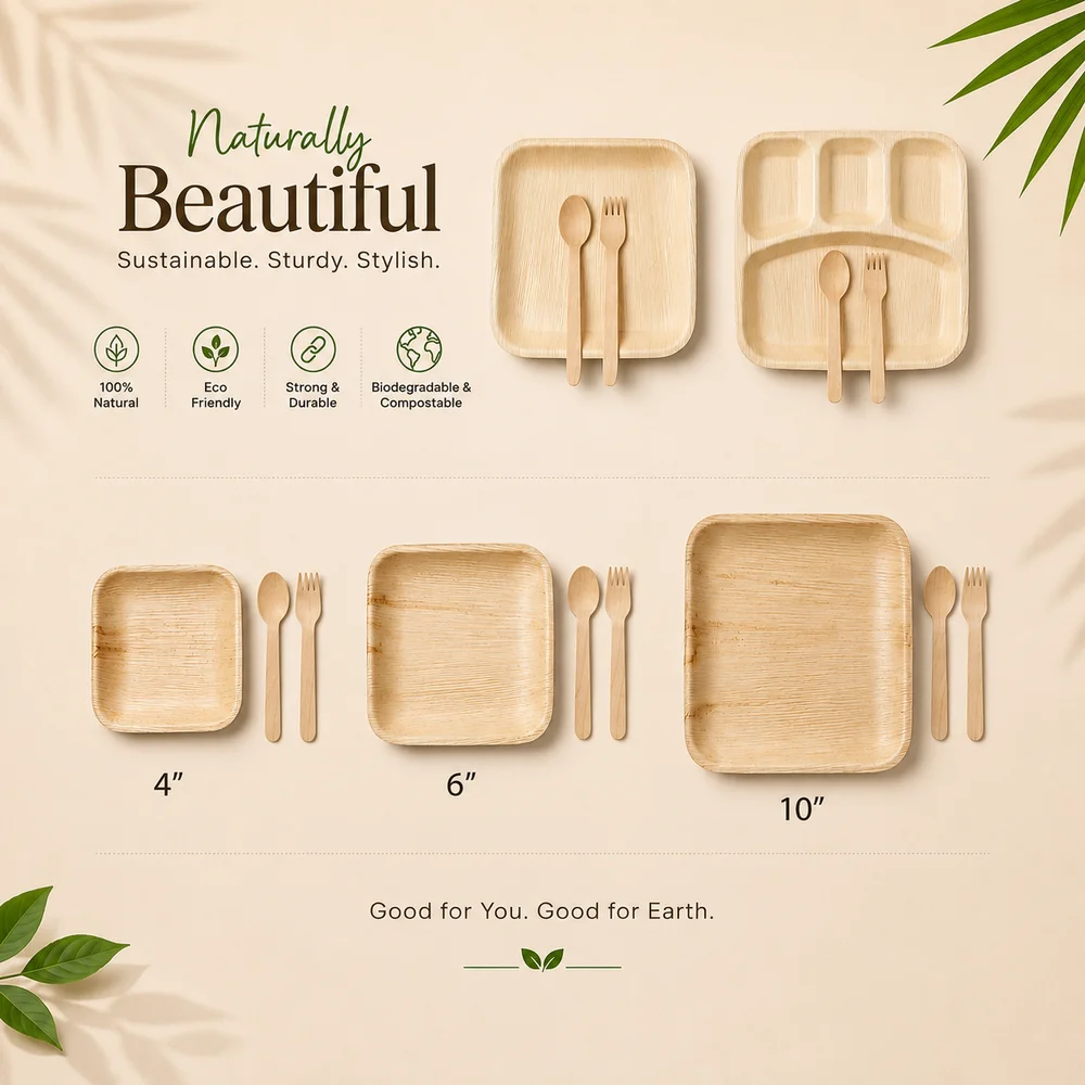 Areca Palm Leaf Export-Grade Square & Compartment Plate Kits Bio-Disposable Service Sets High-Dens