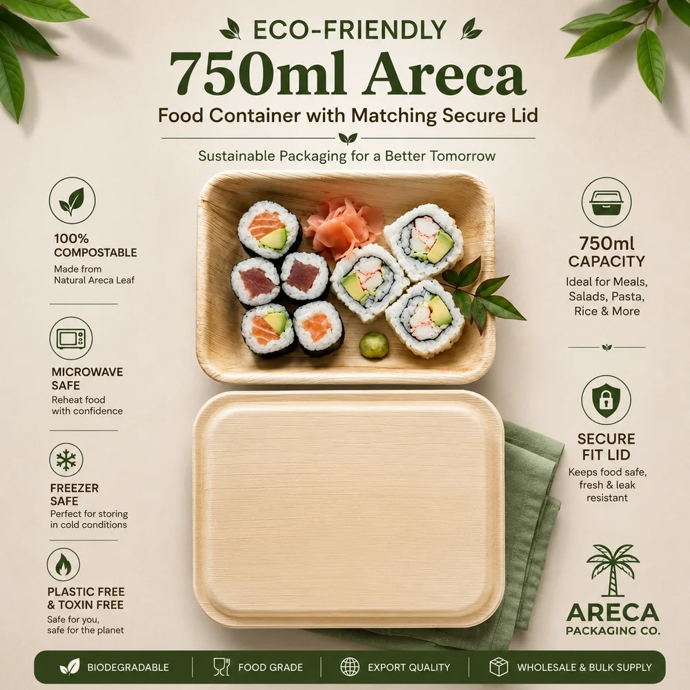 750ml Areca Palm Leaf Rectangle Food Container with Lid  Biodegradable Food Storage Box