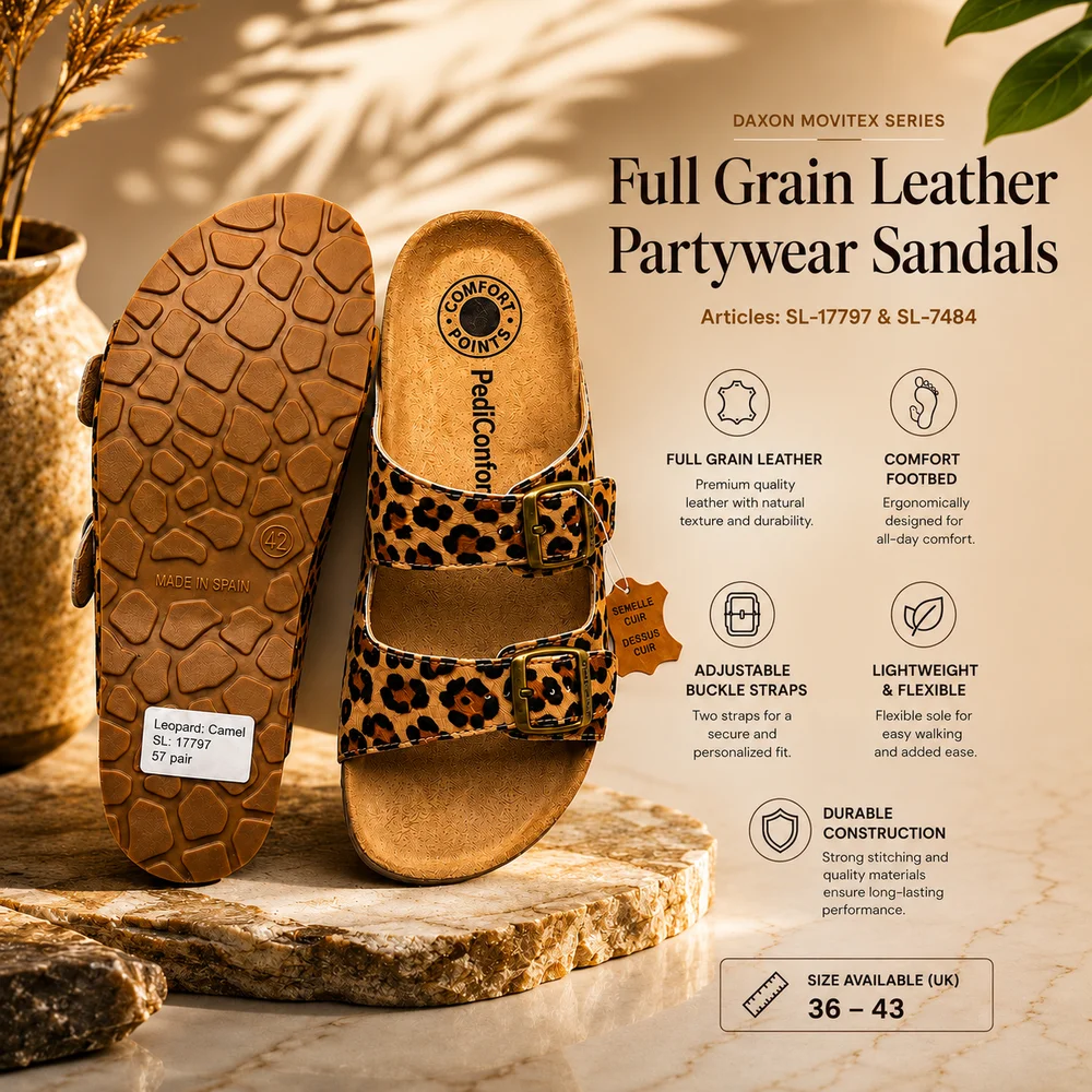 Full Grain Leather Partyware Sandals  Daxon Movitex Series  Export-Grade Bio-Degradable  Size 36-43