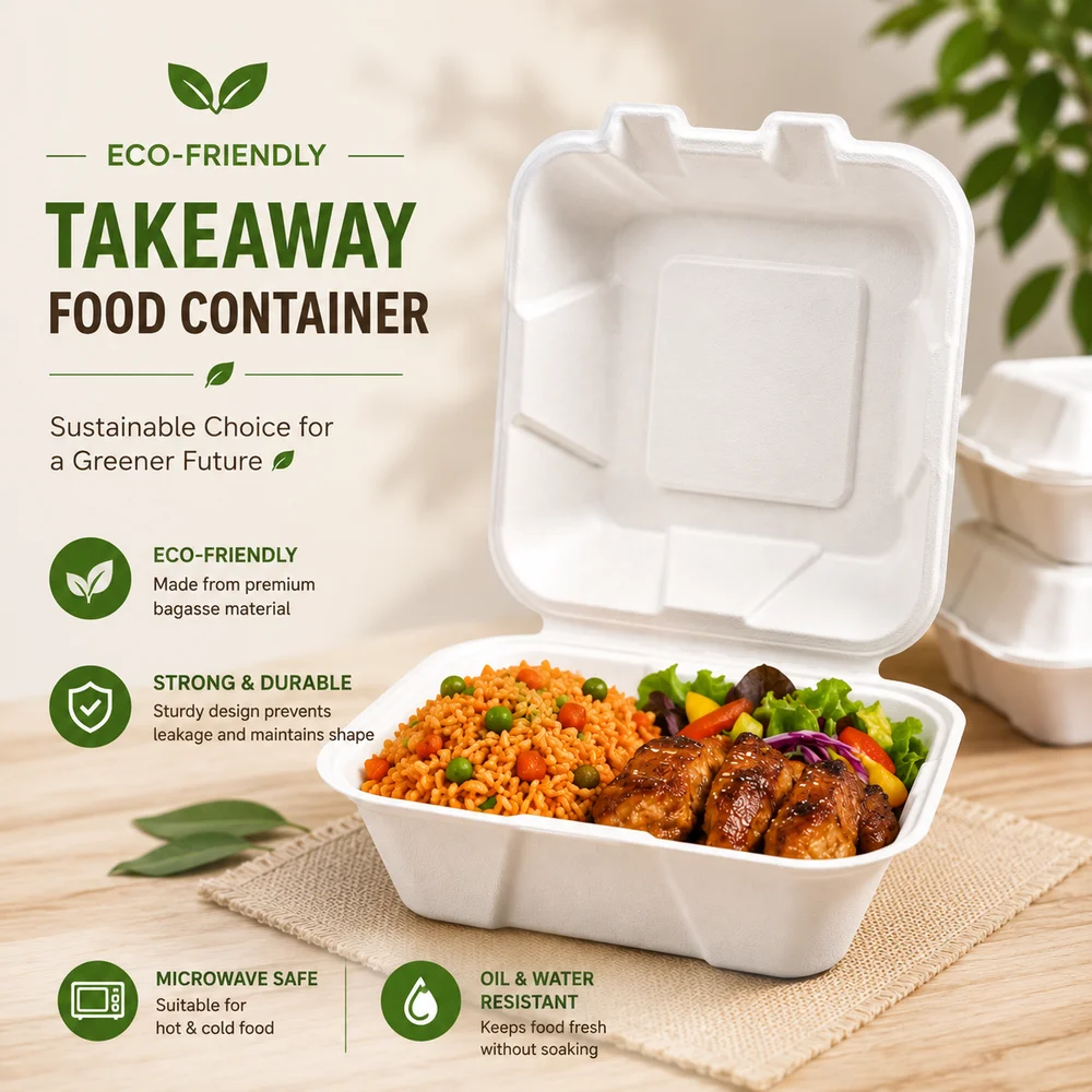 Bagasse Clamshell Containers  6x6, 9x6, 8x8 & 9x9 Compostable Food Boxes