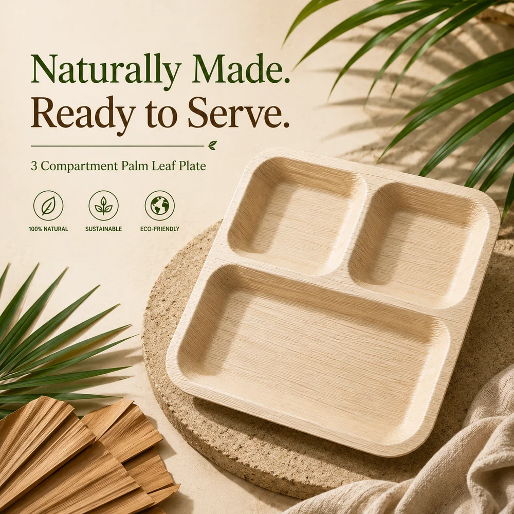 9 Inch Square 3-Compartment Areca Palm Leaf Plate Divided Serving Plate Biodegradable