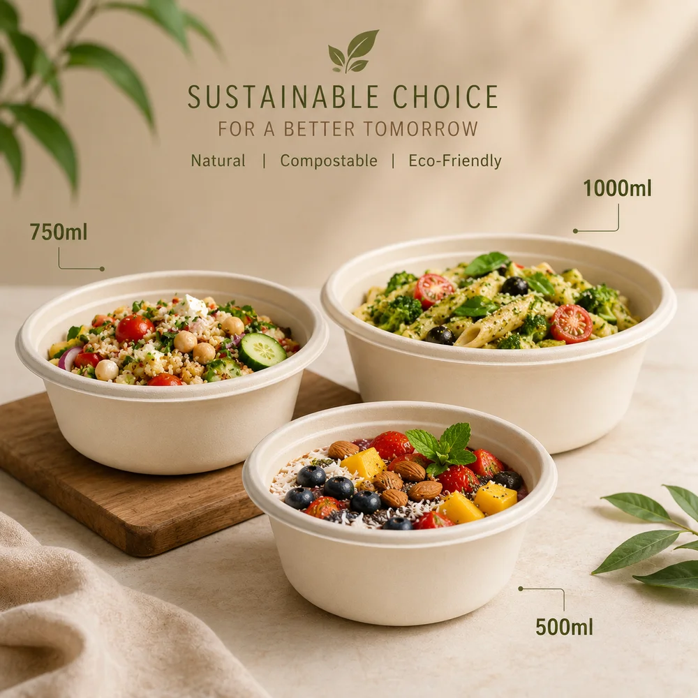 Round Bagasse Bowls 500 mL, 750 mL & 1000 mL Compostable Food Bowls