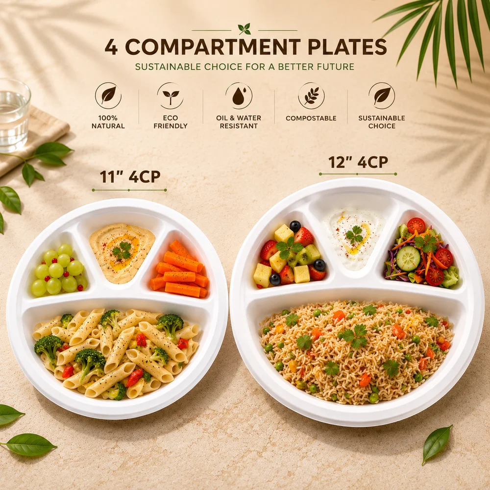 11 Inch & 12 Inch 4-Compartment Bagasse Plates Compostable Tableware