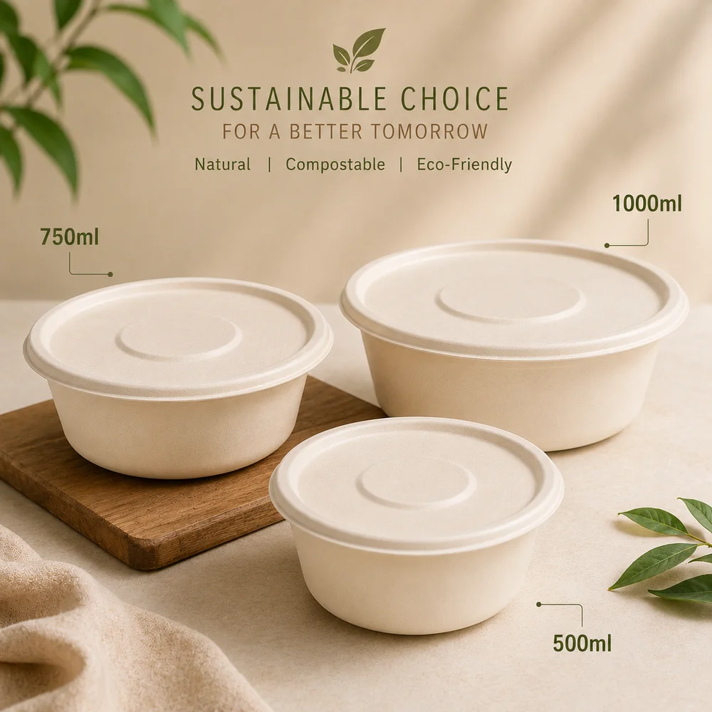 Round Bagasse Bowl with Lid  500 ml, 750 ml & 1000 ml Compostable Food Containers