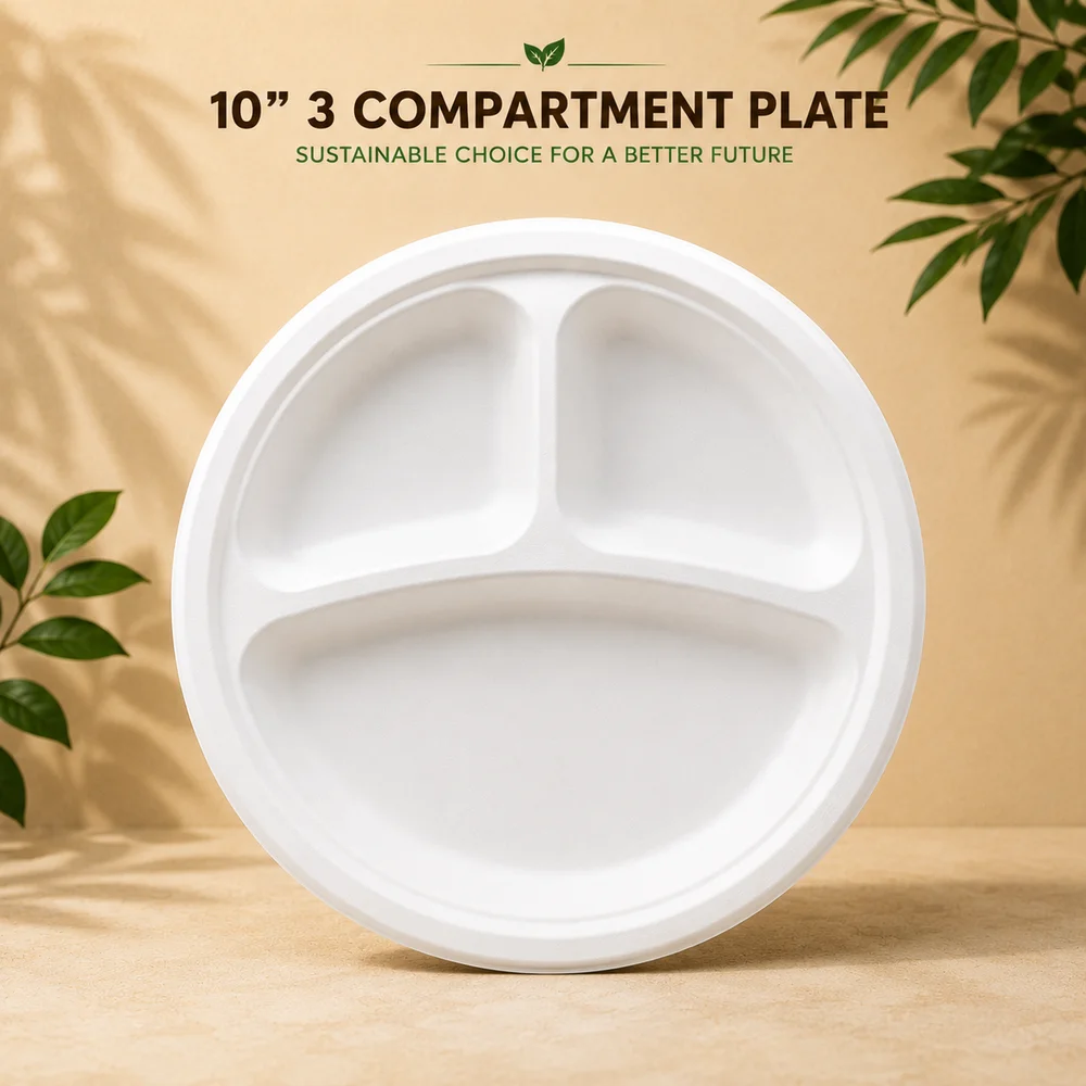 3 Compartment Sugarcane Bagasse Plates  9 Inch & 10 Inch Disposable Tableware For Catering & Restaur