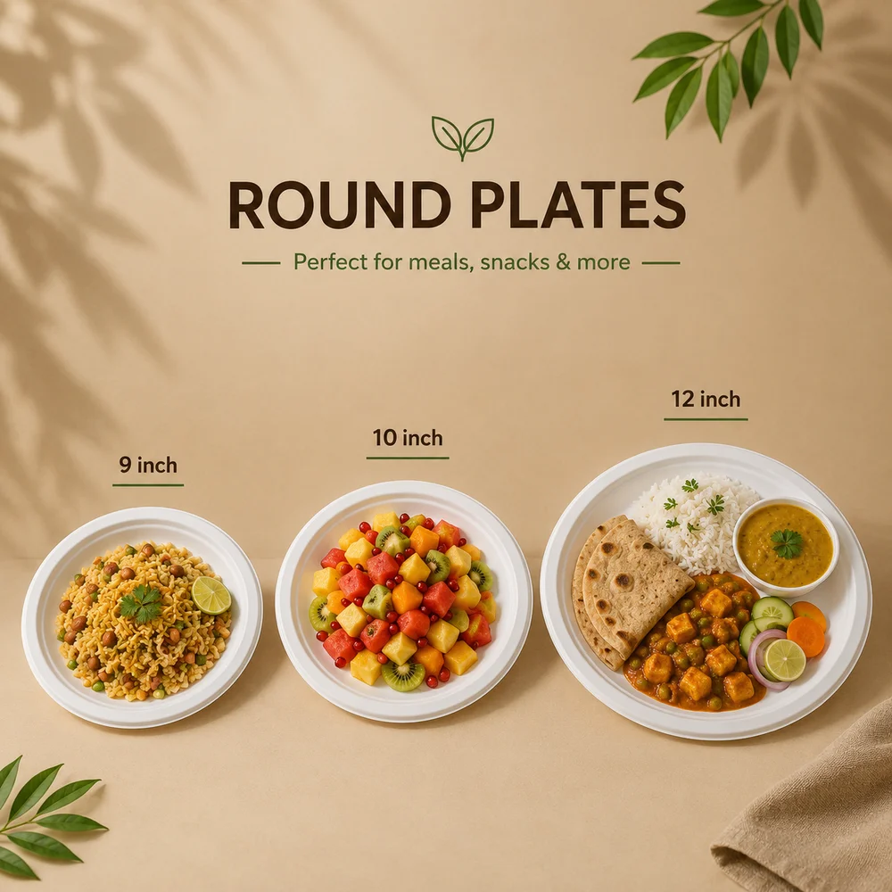 9 Inch, 10 Inch & 12 Inch Bagasse Plates  Eco-Friendly Disposable Tableware