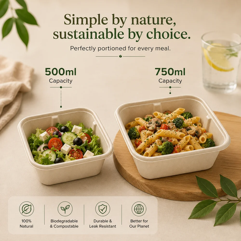 Rectangular Bagasse Containers with Lids  500 mL & 750 mL Compostable Food Containers