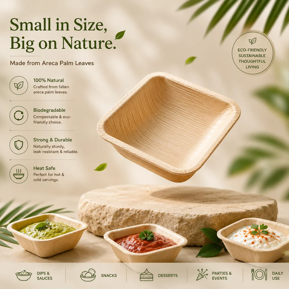 3 Inch Square Deep Areca Palm Leaf Bowl 100 Biodegradable & Compostable Disposable Bowl