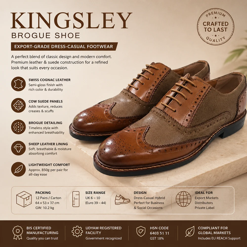 Suede-Leather Brogue  Kingsley Design  Full Grain Construction  MOQ 500 Pairs  Size 6-10